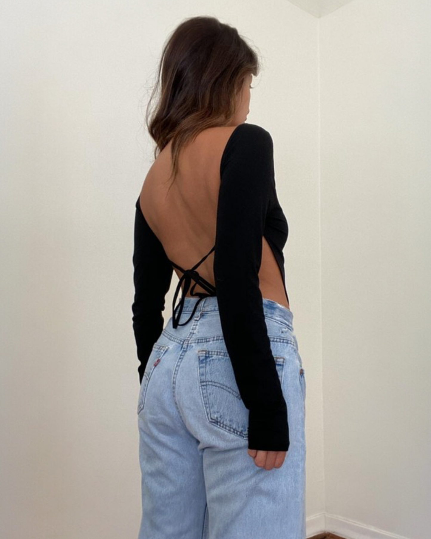 Backless Long Sleeve Crop Top with Open Tie Back