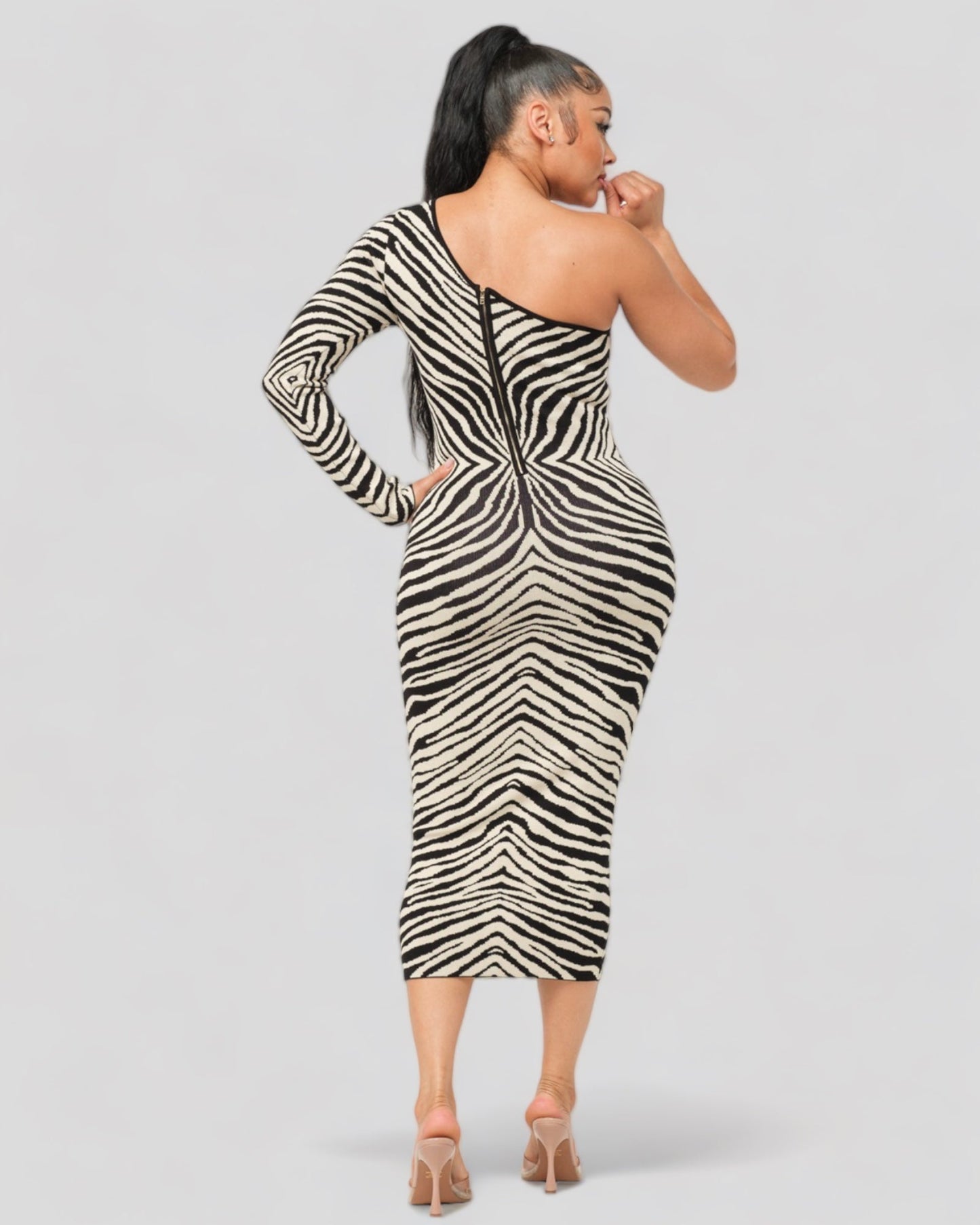 One Shoulder Zebra Print Midi Dress (Black/Cream)