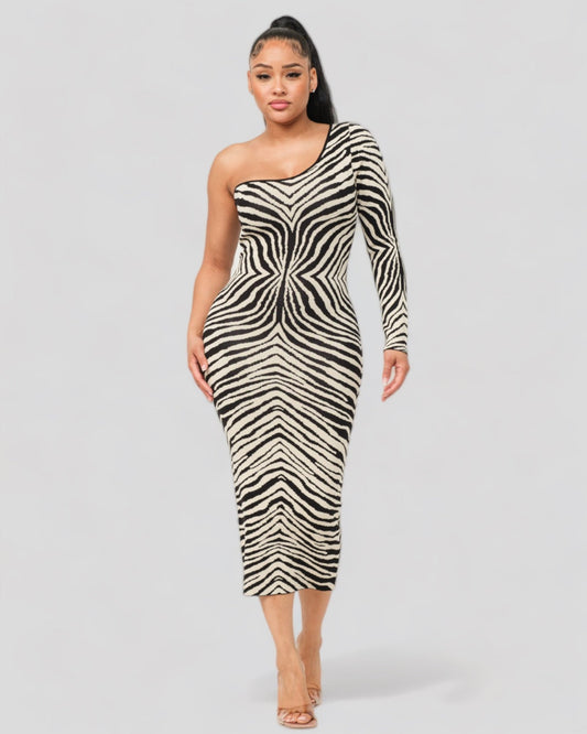 One Shoulder Zebra Print Midi Dress (Black/Cream)